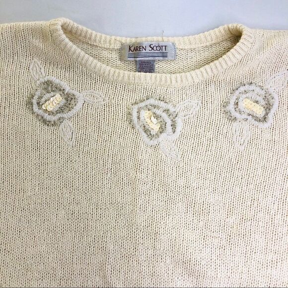KAREN SCOTT🧶Beaded Sequin Long Sleeve Sweater Scoop Neck🧶Cream White Flowers - Picture 9 of 12